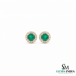 Emerald Halo Stud Earrings in 14K Gold – Round Diamond Accent Minimalist Everyday Earrings