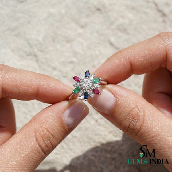Rainbow Sapphire Flower Ring – Marquise Sapphire Diamond Statement Ring