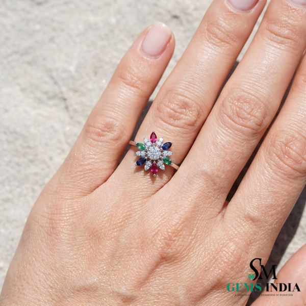 Rainbow Sapphire Flower Ring – Marquise Sapphire Diamond Statement Ring