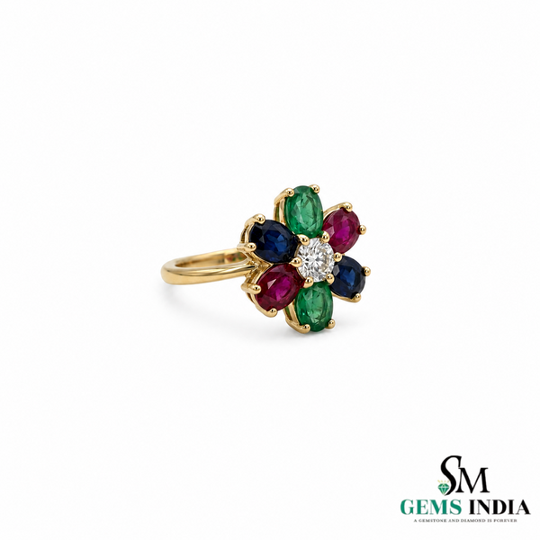 Oval shape Multi Gemstone Diamond Floral Ring - Cocktail Ring for Women