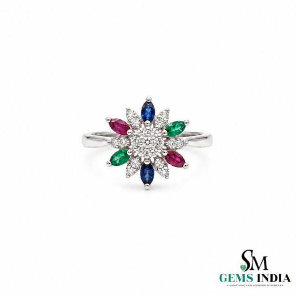 Rainbow Sapphire Flower Ring – Marquise Sapphire Diamond Statement Ring