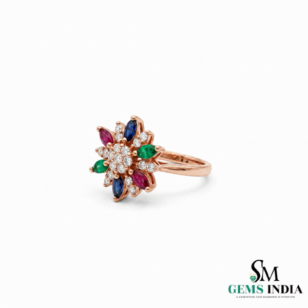 Rainbow Sapphire Flower Ring – Marquise Sapphire Diamond Statement Ring