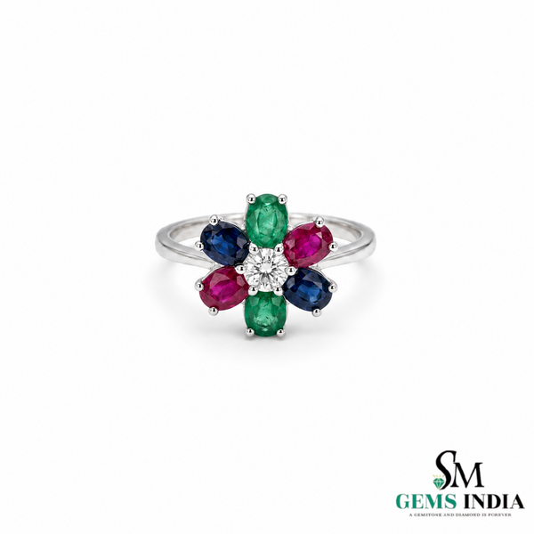 Oval shape Multi Gemstone Diamond Floral Ring - Cocktail Ring for Women