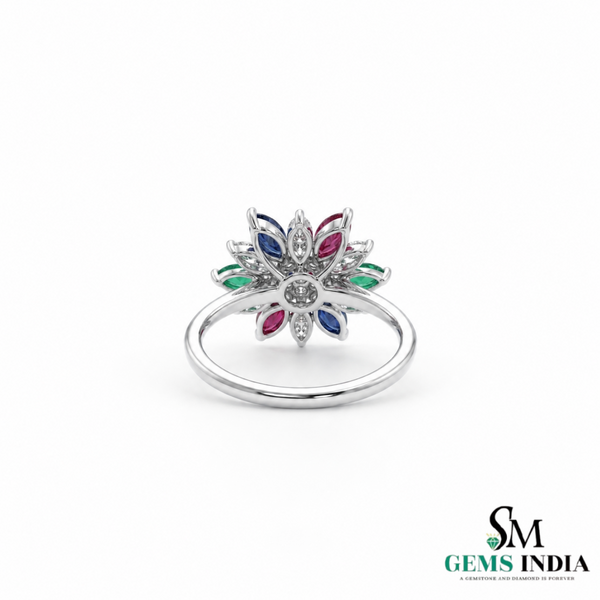 Rainbow Sapphire Flower Ring – Marquise Sapphire Diamond Statement Ring