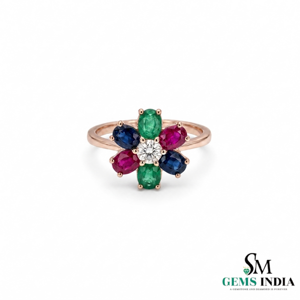 Oval shape Multi Gemstone Diamond Floral Ring - Cocktail Ring for Women