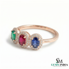 Oval Multi Sapphire And Diamond Halo Three Stone Ring - Fine Jewelry Gift for Women