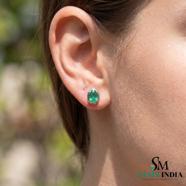 Oval Emerald Stud Earrings – Minimal Green Gemstone Earrings for Women