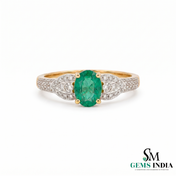 Natural Oval Emerald & Diamond Vintage Ring in 14k Gold - Art Deco Emerald Engagement Ring