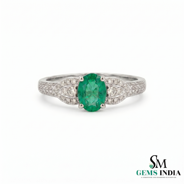 Natural Oval Emerald & Diamond Vintage Ring in 14k Gold - Art Deco Emerald Engagement Ring