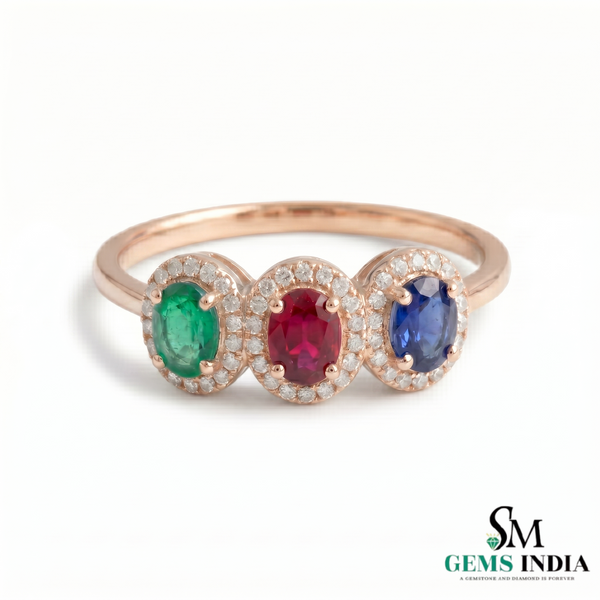 Oval Multi Sapphire And Diamond Halo Three Stone Ring - Fine Jewelry Gift for Women