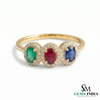 Oval Multi Sapphire And Diamond Halo Three Stone Ring - Fine Jewelry Gift for Women