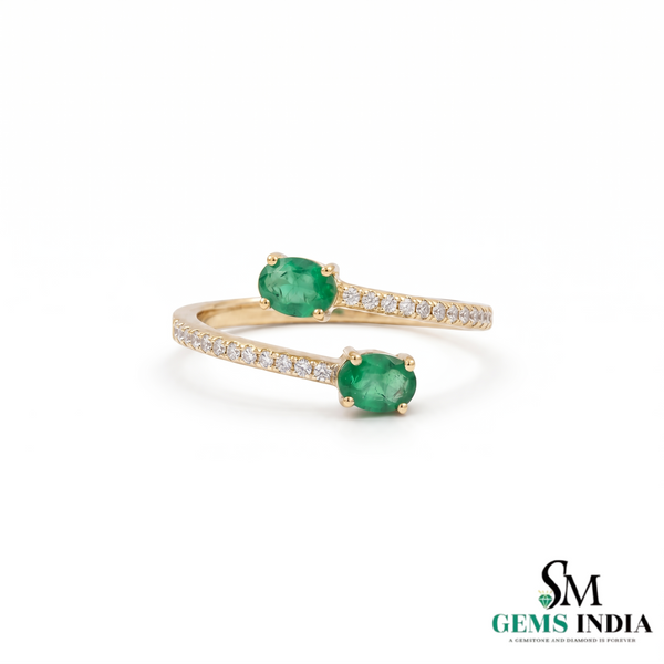 Elegant Oval Emerald and Diamond Bypass Ring - Green Gemstone Jewelry