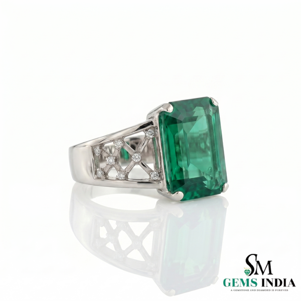 Emerald Cut Emerald Cocktail Ring with Diamond Accents - Vintage Statement Ring