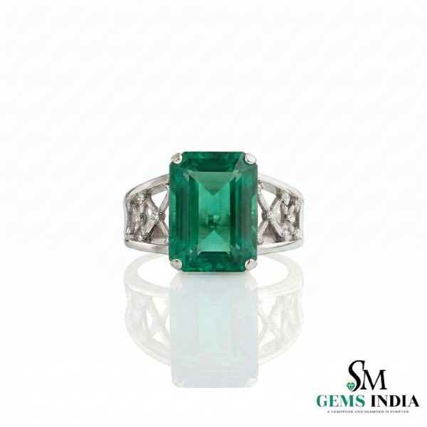 Emerald Cut Emerald Cocktail Ring with Diamond Accents - Vintage Statement Ring