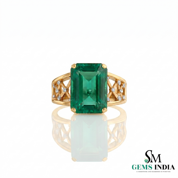 Emerald Cut Emerald Cocktail Ring with Diamond Accents - Vintage Statement Ring