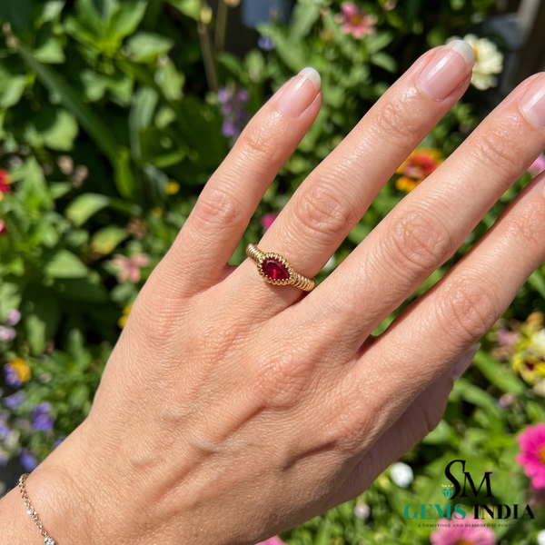 Pear Shape Red Ruby Ring with Milgrain Setting - July Birthstone RIng
