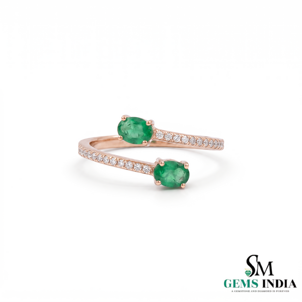 Elegant Oval Emerald and Diamond Bypass Ring - Green Gemstone Jewelry