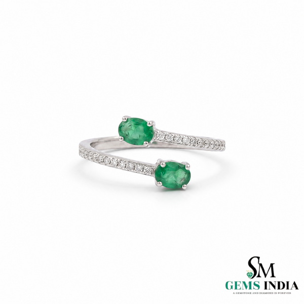 Elegant Oval Emerald and Diamond Bypass Ring - Green Gemstone Jewelry
