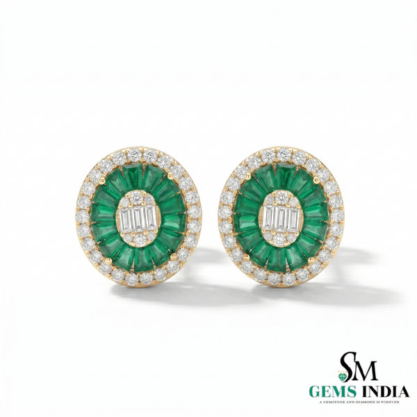 Baguettes Emerald & Diamond Halo Stud Earrings - Luxury Green Gemstone Earrings