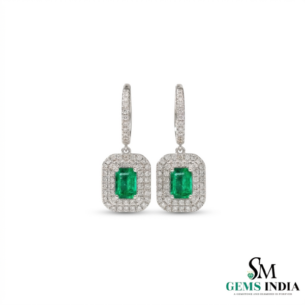 Emerald Cut Emerald & Diamond Halo Drop Earrings - Gift For Her
