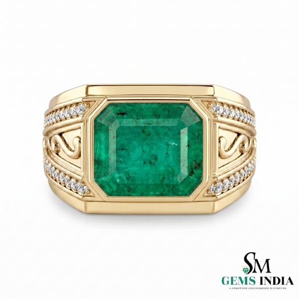 Emerald Cut Emerald Signet Ring for Men in 14K Gold with Diamond Accents