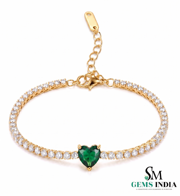 Natural Emerald Heart Center Stone Tennis Bracelet - Gift for Her