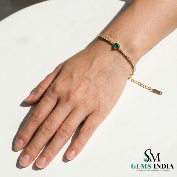 Natural Emerald Heart Center Stone Tennis Bracelet - Gift for Her