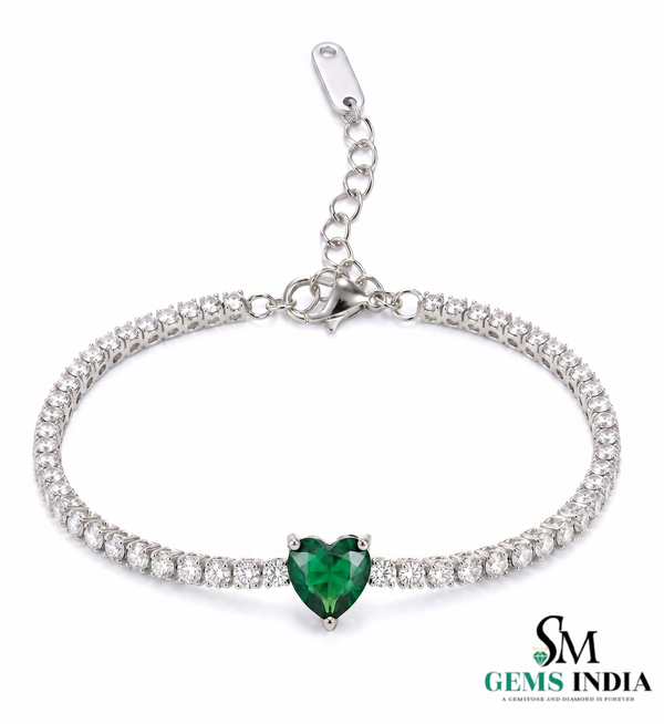 Natural Emerald Heart Center Stone Tennis Bracelet - Gift for Her