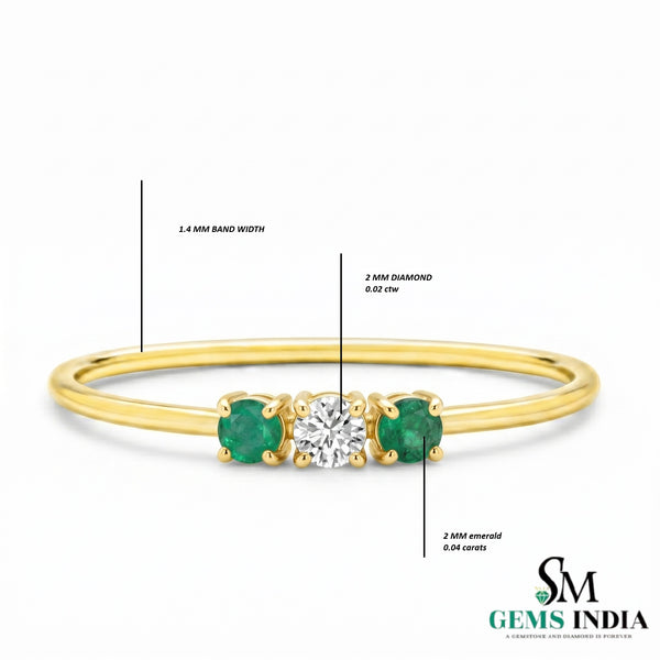 Emerald & Diamond Three Stone Ring in Gold – Dainty Minimal Trilogy Ring for Women
