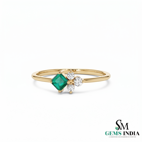 Emerald and Diamond Cluster Ring – Princess Cut Emerald Gold Ring