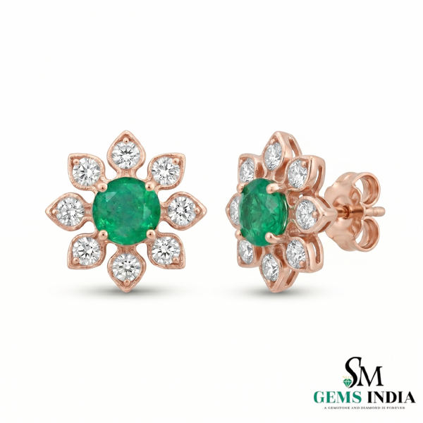 1.60 carat Daisy Flower Stud Earrings in Gold with Natural Emerald-Green Stone