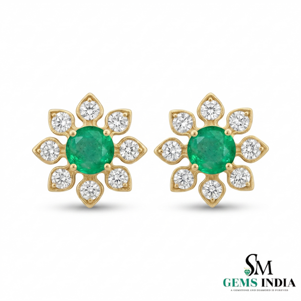 1.60 carat Daisy Flower Stud Earrings in Gold with Natural Emerald-Green Stone