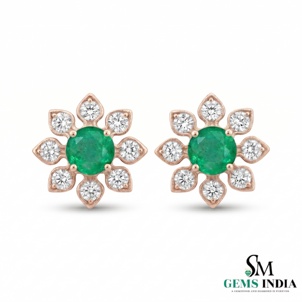 1.60 carat Daisy Flower Stud Earrings in Gold with Natural Emerald-Green Stone