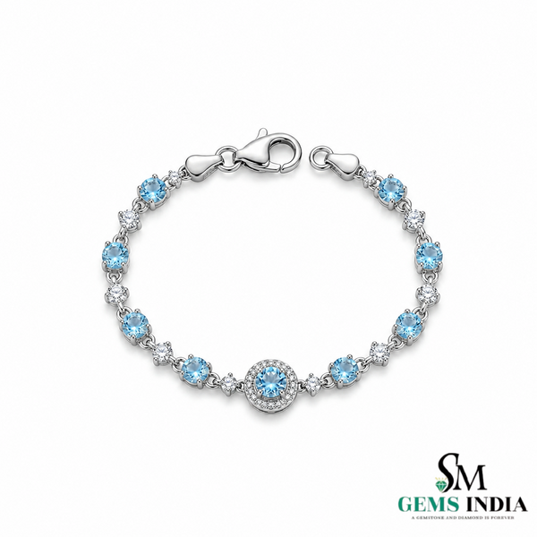 Round Natural Aquamarine Bracelet for Women - March Birthstone Gift