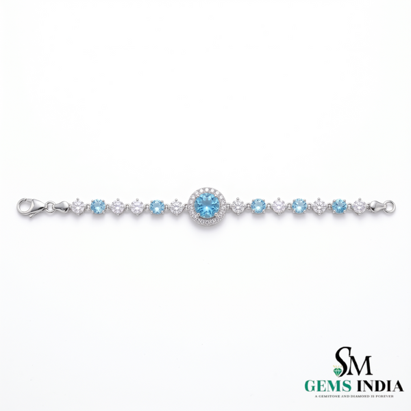 Round Natural Aquamarine Bracelet for Women - March Birthstone Gift