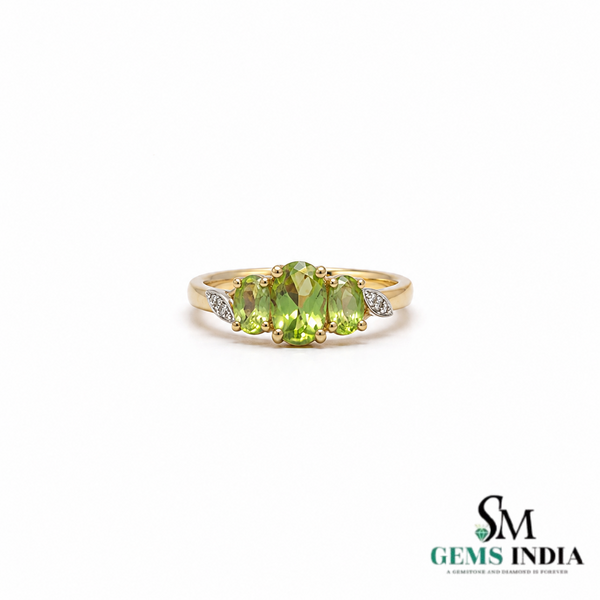 Natural Green Peridot Three Stone Oval Ring with Diamond Accent Leaves
