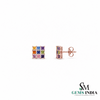 Natural Rainbow Princess Cut Gemstone Square Stud Earrings with Diamond Accent Grid Design