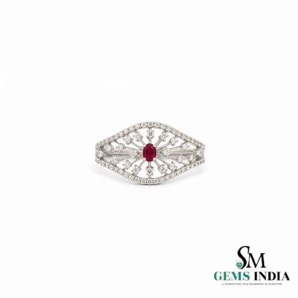 Oval Ruby Diamond Halo Ring- Vintage Art Deco Inspired Jewelry