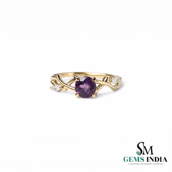Natural Round Amethyst with Diamond Engagement Ring – February Birthstone Jewelry