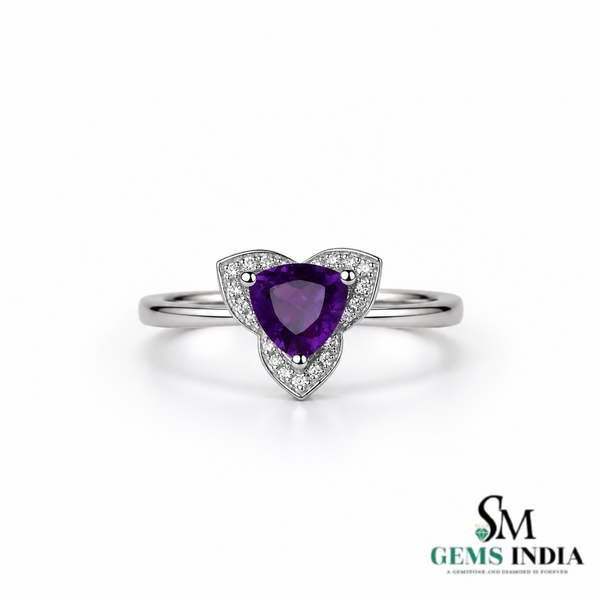 Trillion Cut Amethyst Halo Ring - Delicate Purple Gemstone Promise Ring