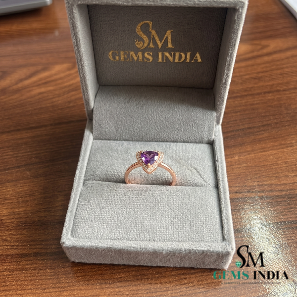 Trillion Cut Amethyst Halo Ring - Delicate Purple Gemstone Promise Ring