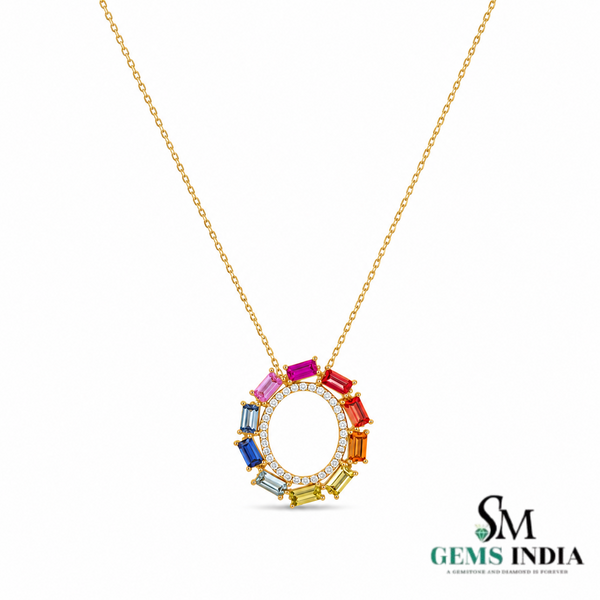 Rainbow Baguette Gemstone Circle Pendant with Diamond Accents - Luxury Jewelry for Women