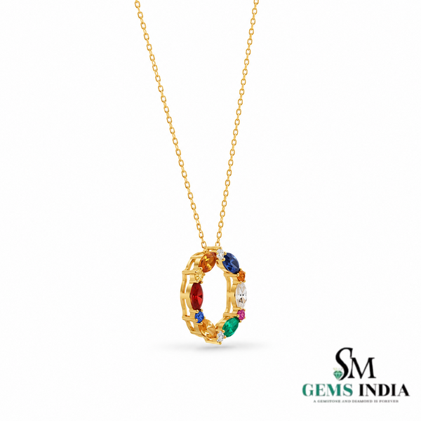 Rainbow Marquise Cut Gemstone Circle Pendant with Diamond Accents - Gift for Women