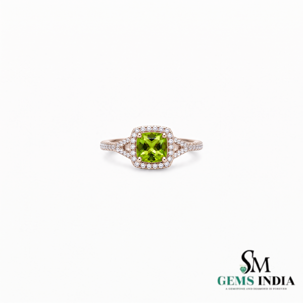 Natural Cushion Cut Peridot Halo Ring with Diamond Split Shank