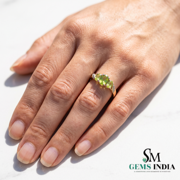 Natural Green Peridot Three Stone Oval Ring with Diamond Accent Leaves