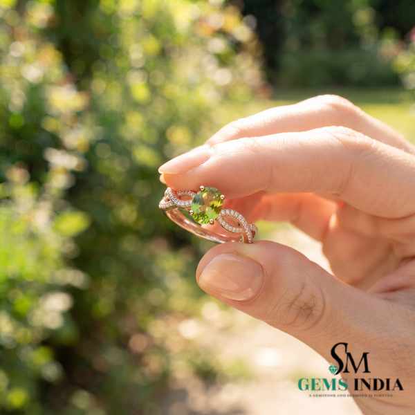 Natural Oval Peridot Infinity Twist Ring with Diamond Accent - Gift for her