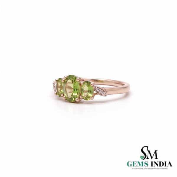 Natural Green Peridot Three Stone Oval Ring with Diamond Accent Leaves