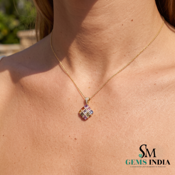 Rainbow Princess Cut Gemstone Square Pendant with Diamond Accents - Colorful Fine Jewelry