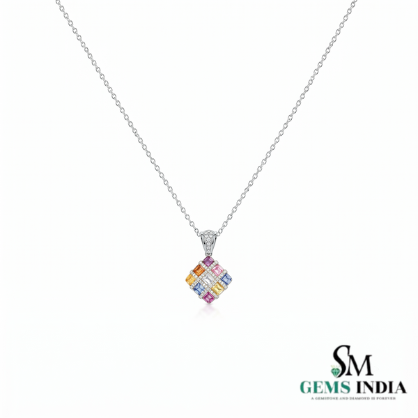 Rainbow Princess Cut Gemstone Square Pendant with Diamond Accents - Colorful Fine Jewelry