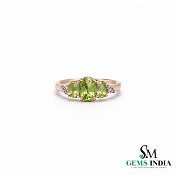 Natural Green Peridot Three Stone Oval Ring with Diamond Accent Leaves